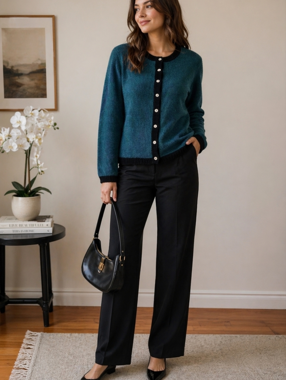 Amanda Smith Teal Knit Top with Black Trim